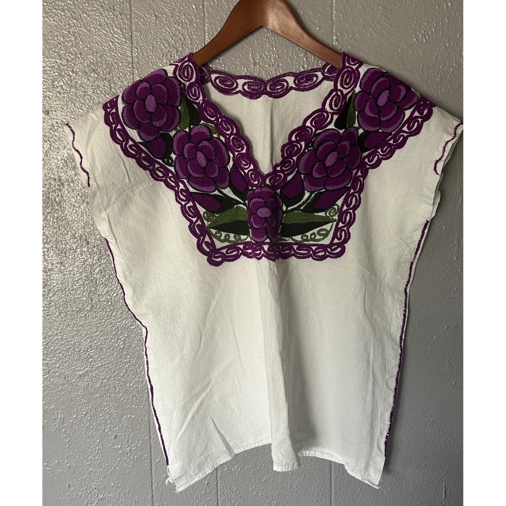 Womens Hand Made Xochitl top Oaxacan blouse Floral M Purple White Green Boho